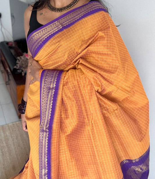 Yellowish orange with purple, checks - cotton silk - YCCOTNOCKC39