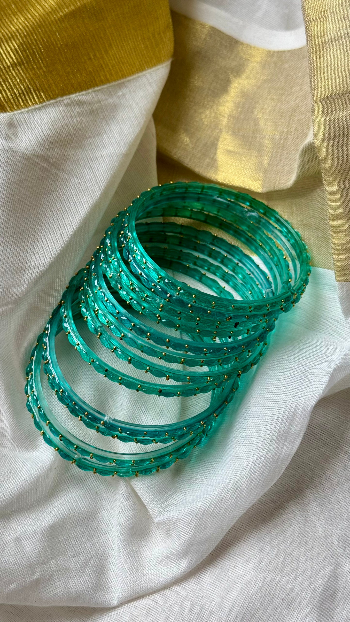 Turquoise green raindrop glass bangles, set of 12 - YCBANGL850