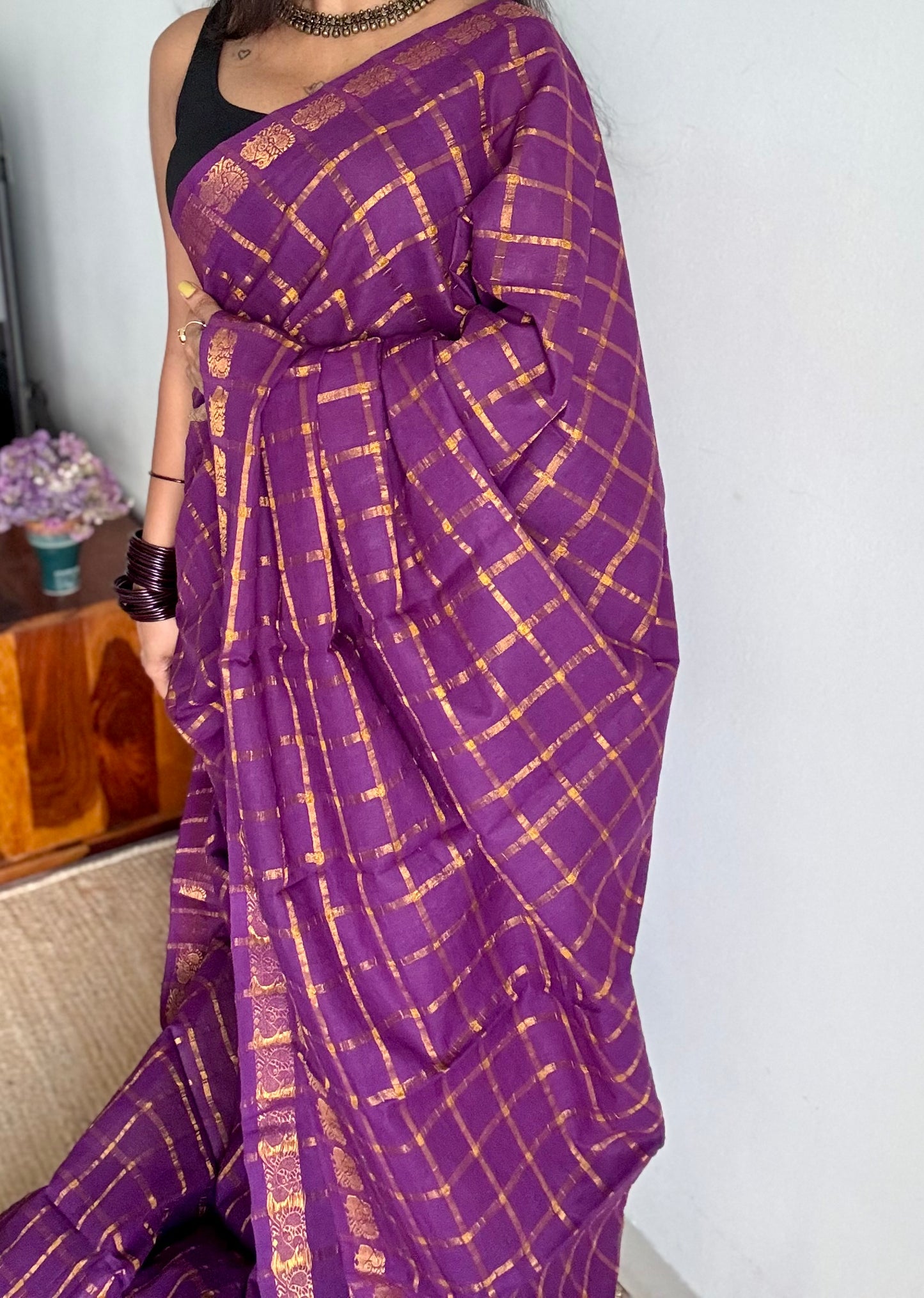 Purple pavithra kattam kattuchayam dyed madurai cotton saree - YCCOTNMSFE140