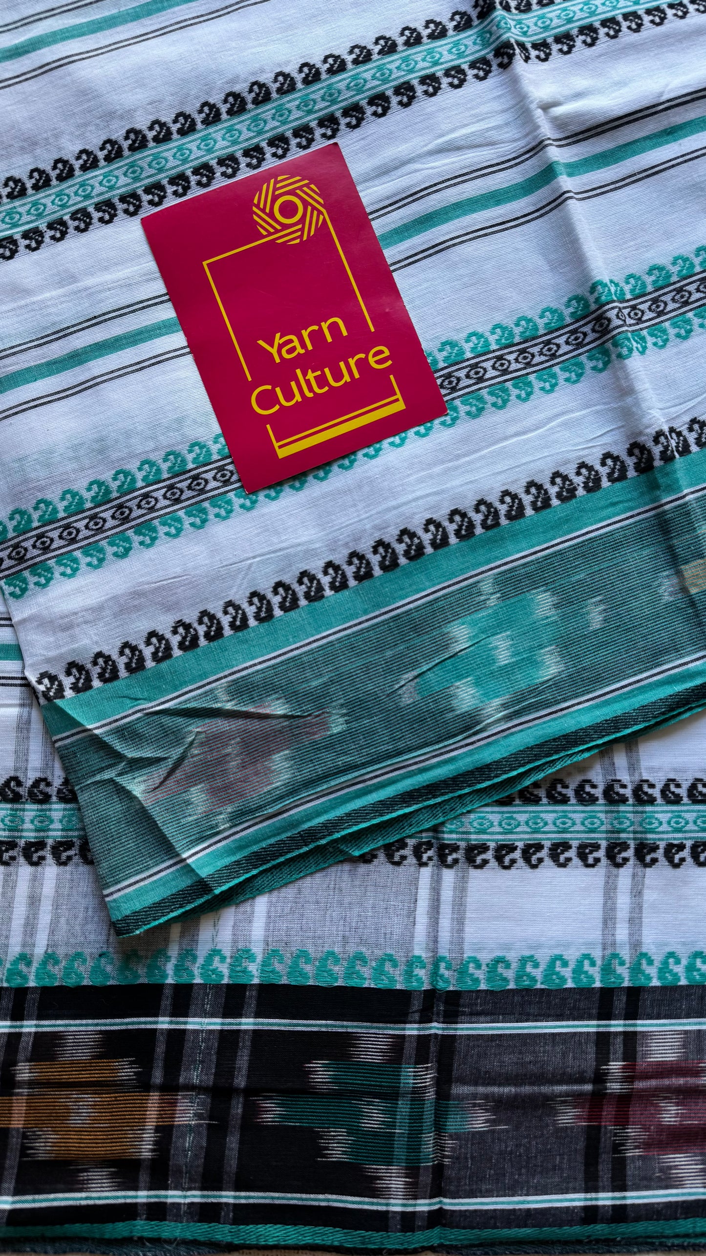 Dhonekhali handloom soft cotton saree, white with turquoise and black woven stripes, Ikkat border- YCBCDFE247