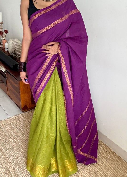Purple and light green, sungudi cotton half-half saree - YCCOTNIDMA299