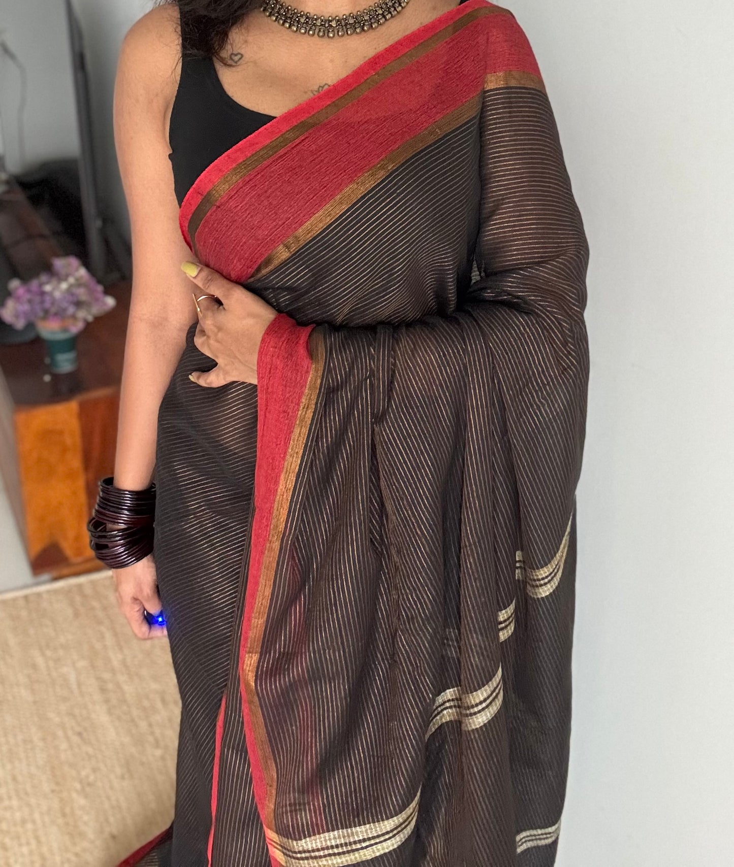 Black with red gap border, gold zari stripes, soft cotton - YCBCKCZDE133