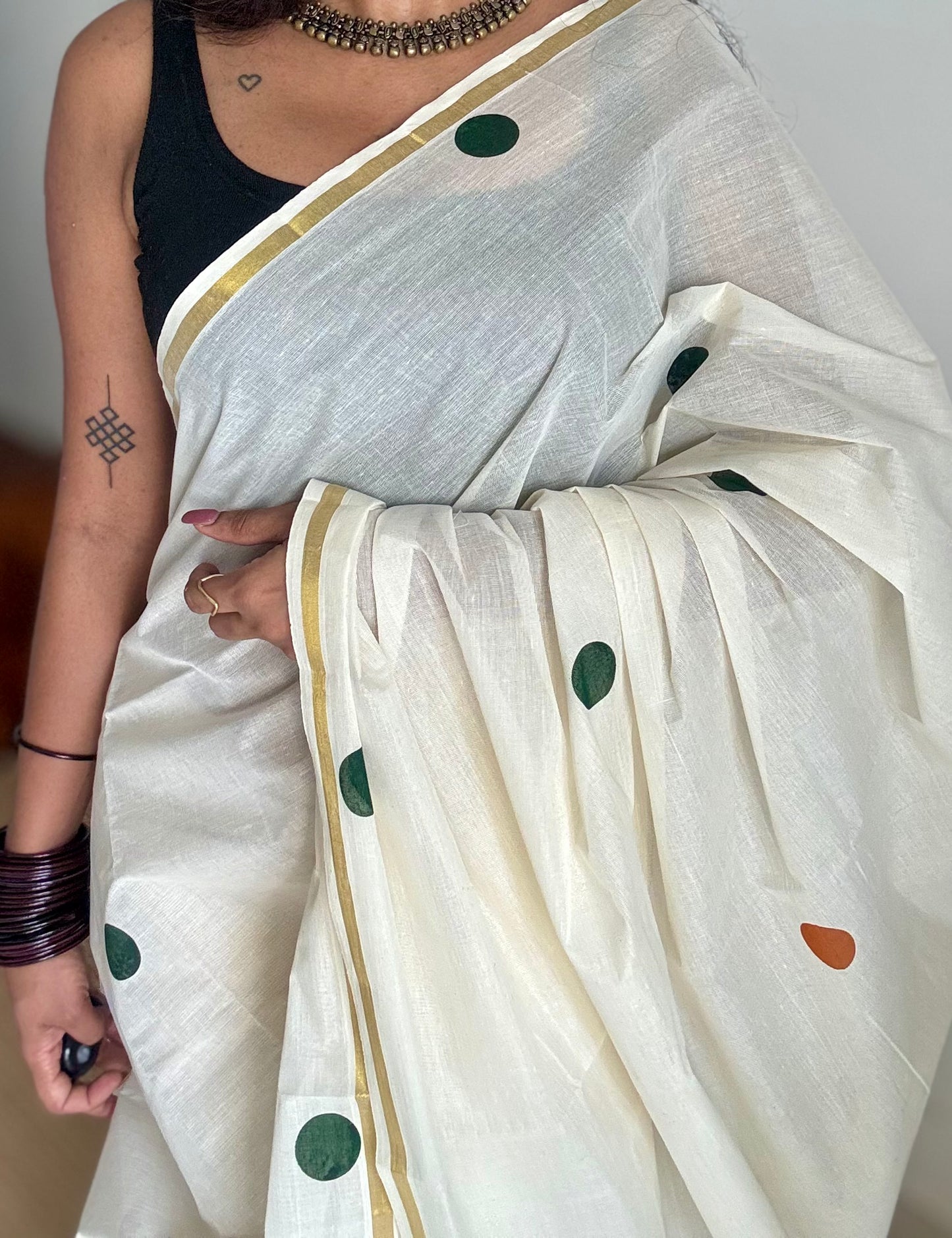 Ivory and gold soft cotton thin border kasavu saree, dark pink, mustard and green polka - YCIEON75