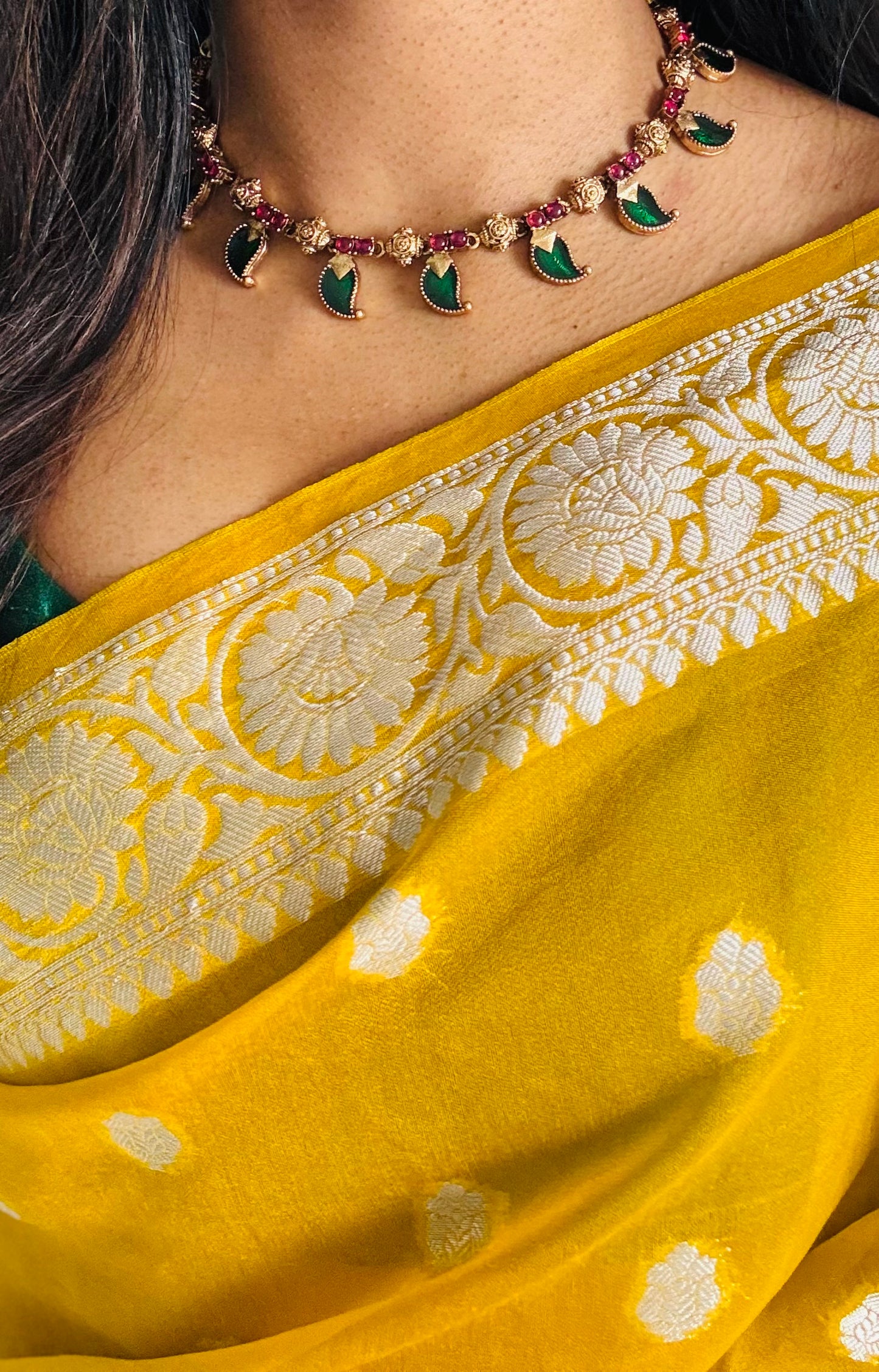 Green mango palakka neckpiece, with earrings - YCGPNP619