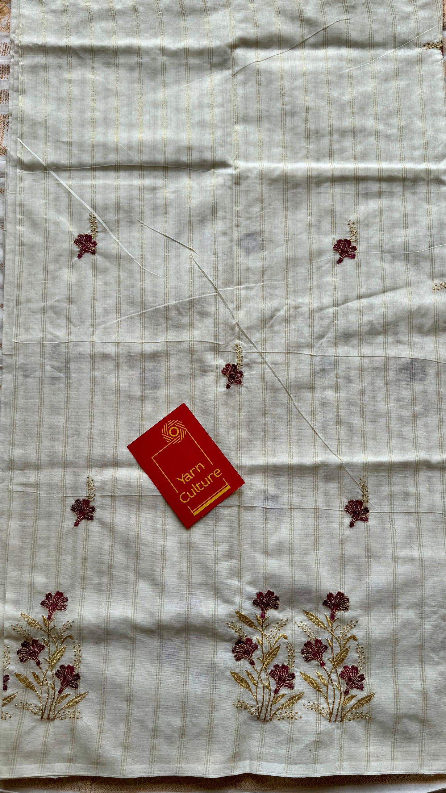 Ivory and gold soft cotton saree, maroon floral embroidery  - YCIEON50