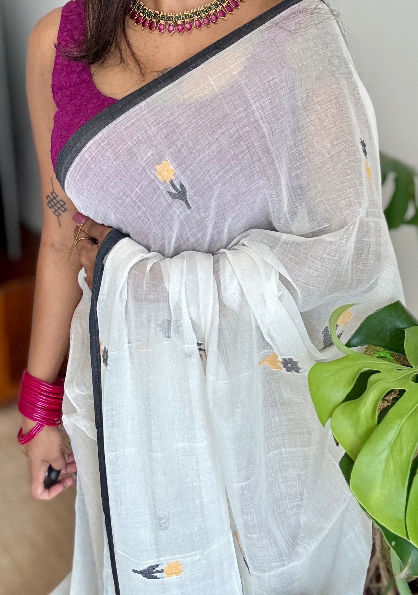Ivory soft cotton saree, jamdani floral work - YCIEON31