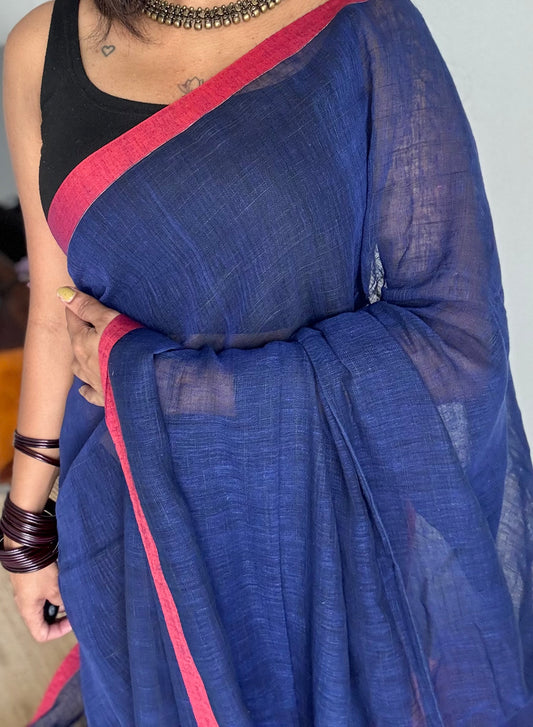 Dark blue plain linen by cotton saree with copper zari pallu - YCBCLCFE395