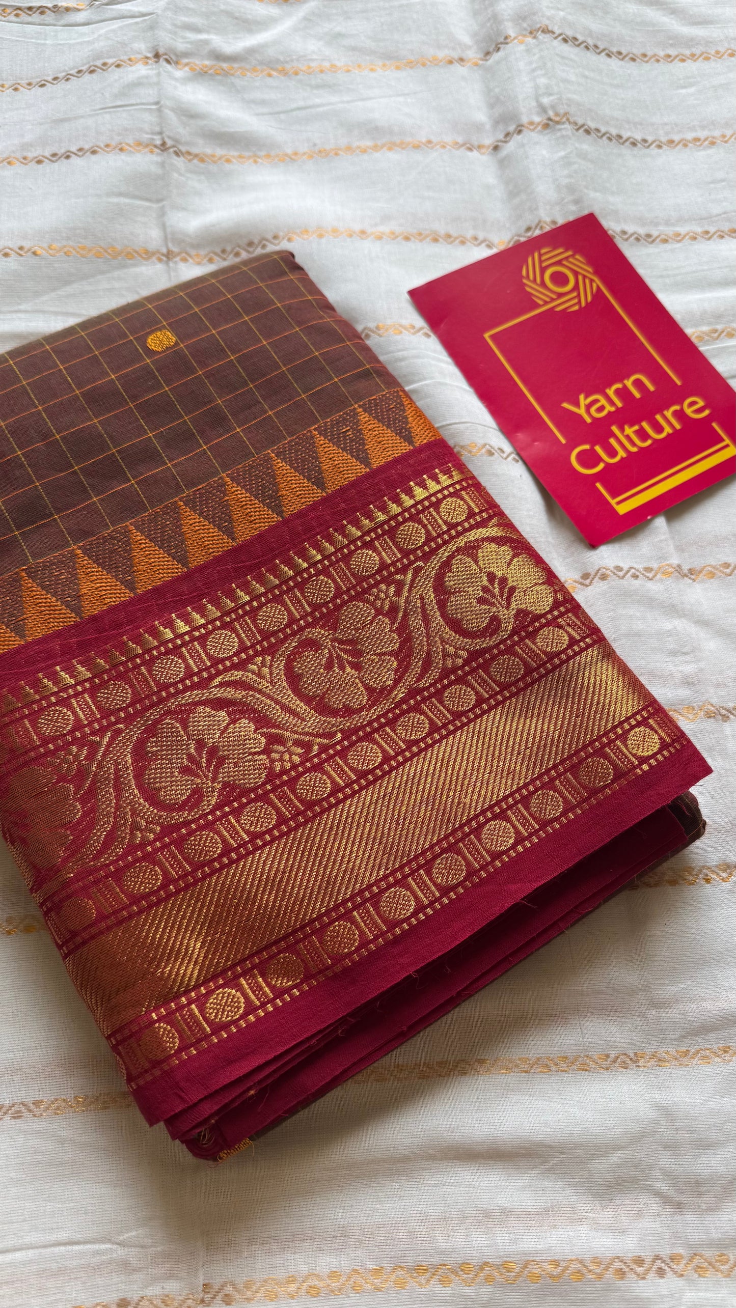 Brownish green with red contrast, checkered kanchi cotton saree - YCCOTNJU22