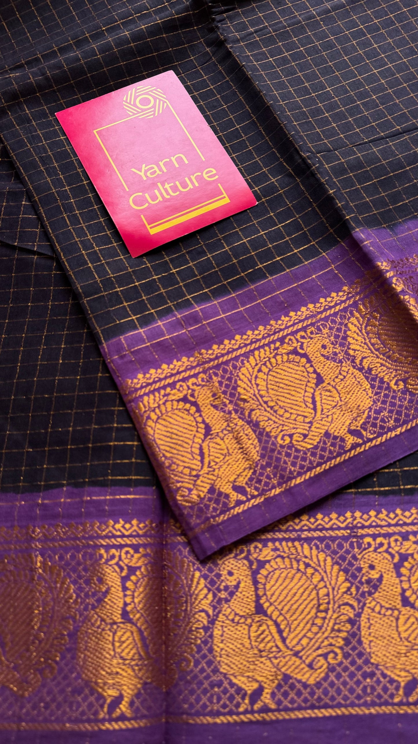 Dark blue with purple contrast zari checkered sungudi, kattuchayam dyed madurai cotton - YCCOTNMSAP92
