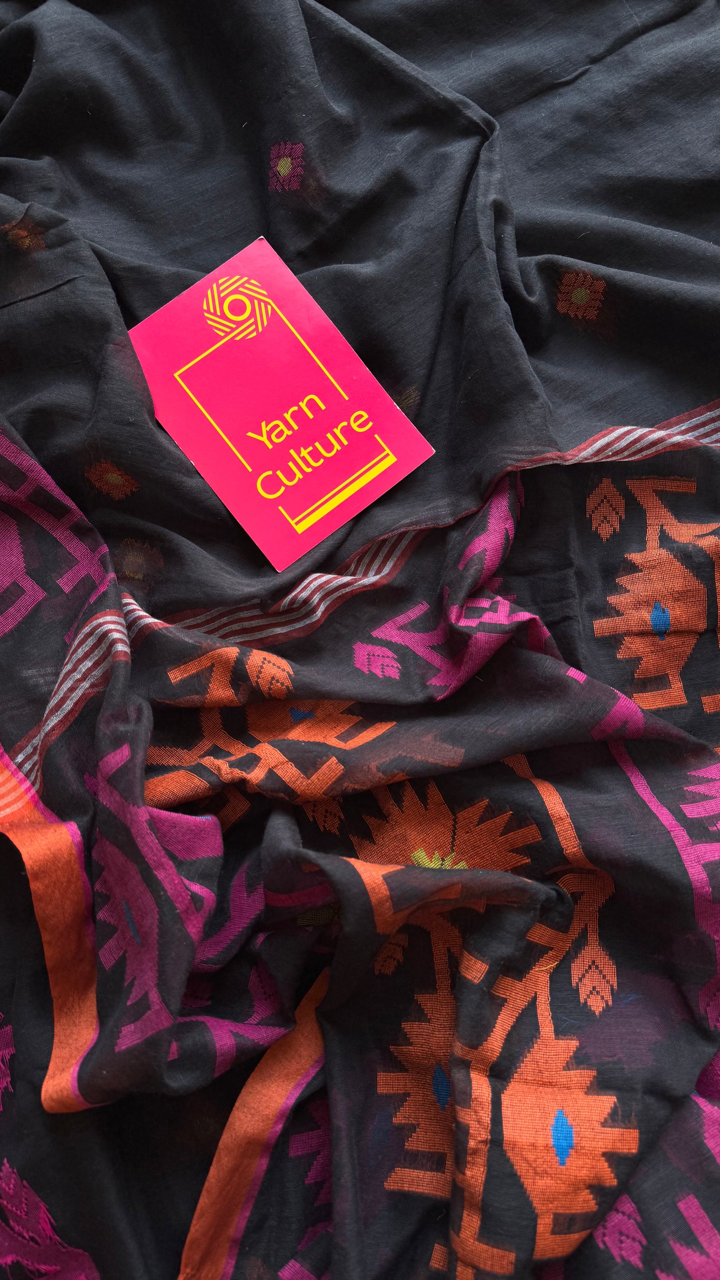 Black with pink and orange jamdani saree in mul cotton - YCBCJDFE382