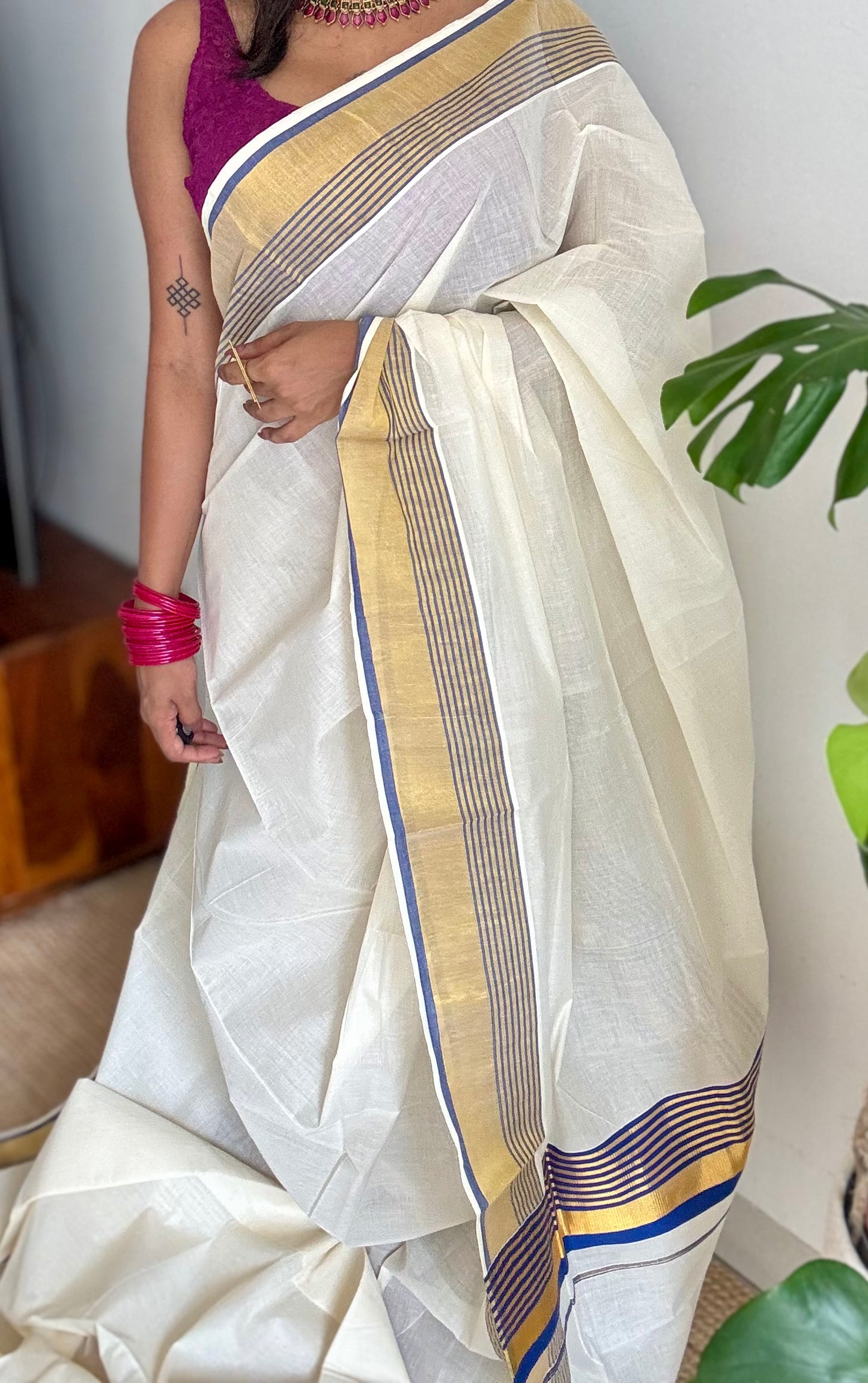 Ivory and gold soft cotton saree, royal blue border - YCIEON77