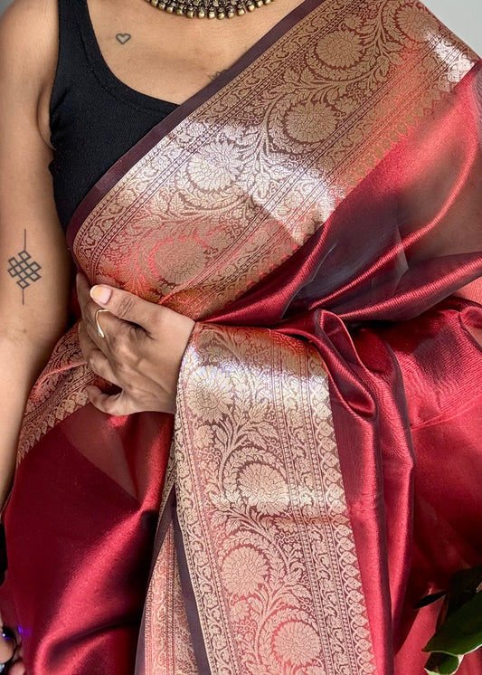 Dark red tissue Banarasi saree with zari border - YCBLTOC84
