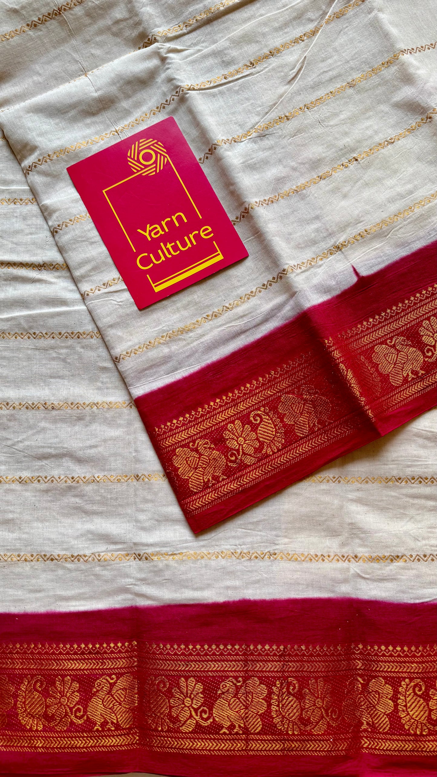 Ivory with red contrast velthaari sungudi, kattuchayam dyed madurai cotton - YCIEON105