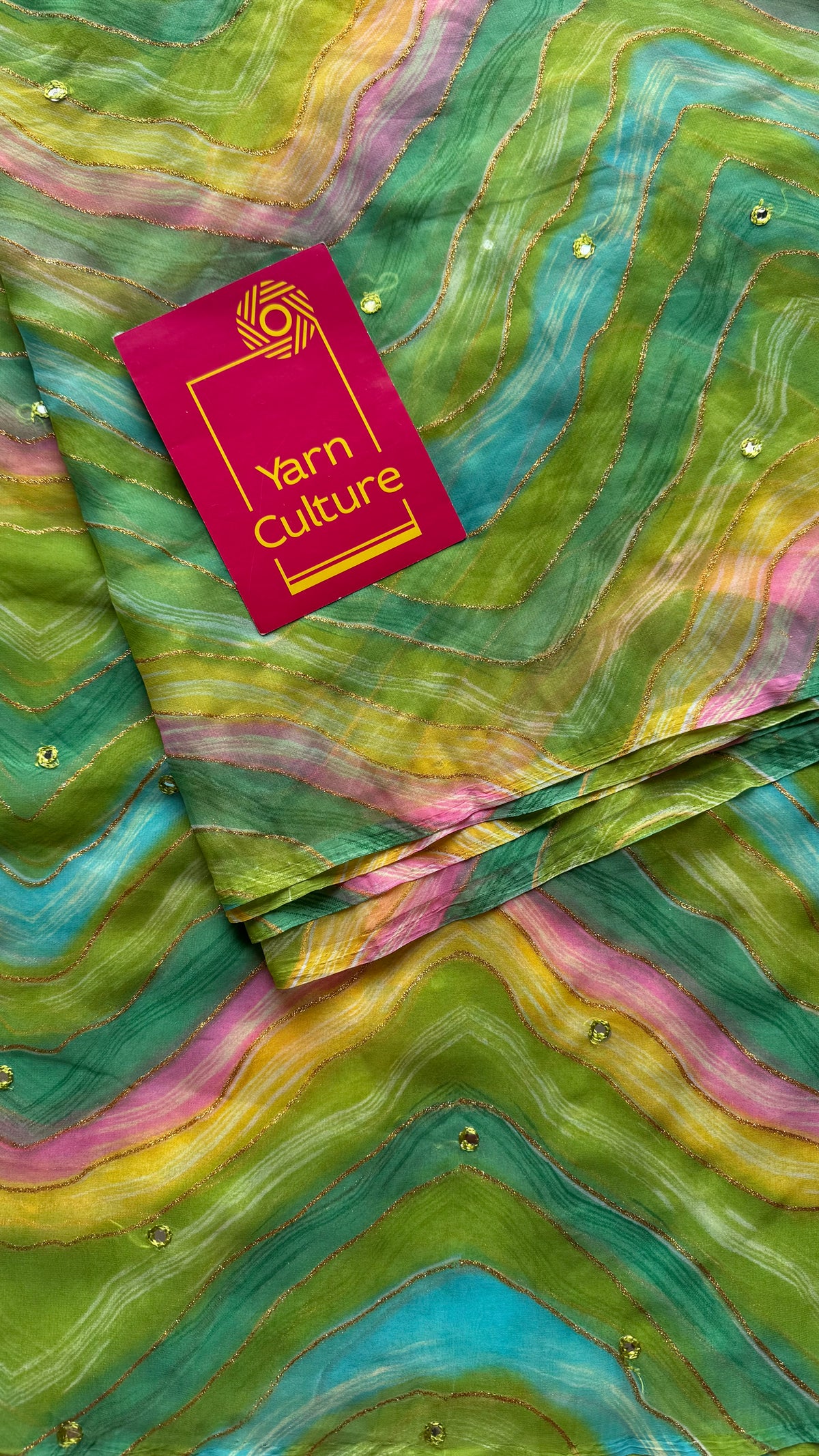 Green multicoloured leheriya chiffon saree with mirror work  - YCTORLOC97