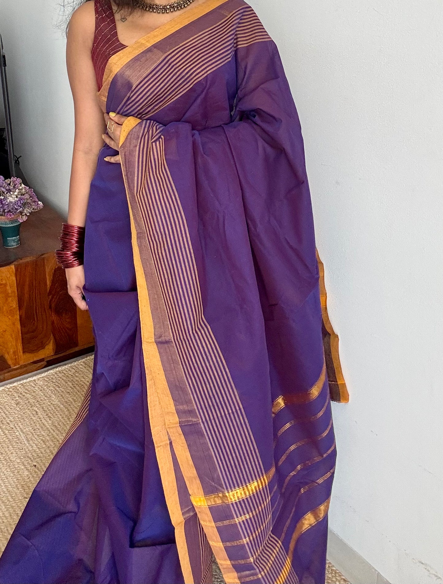 Violet and yellow Chettinad cotton saree with gold striped zari border - YCCOTNCCFE154