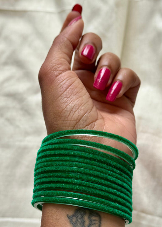 Green velvet glass bangles, set of 12 - YCBANGL381