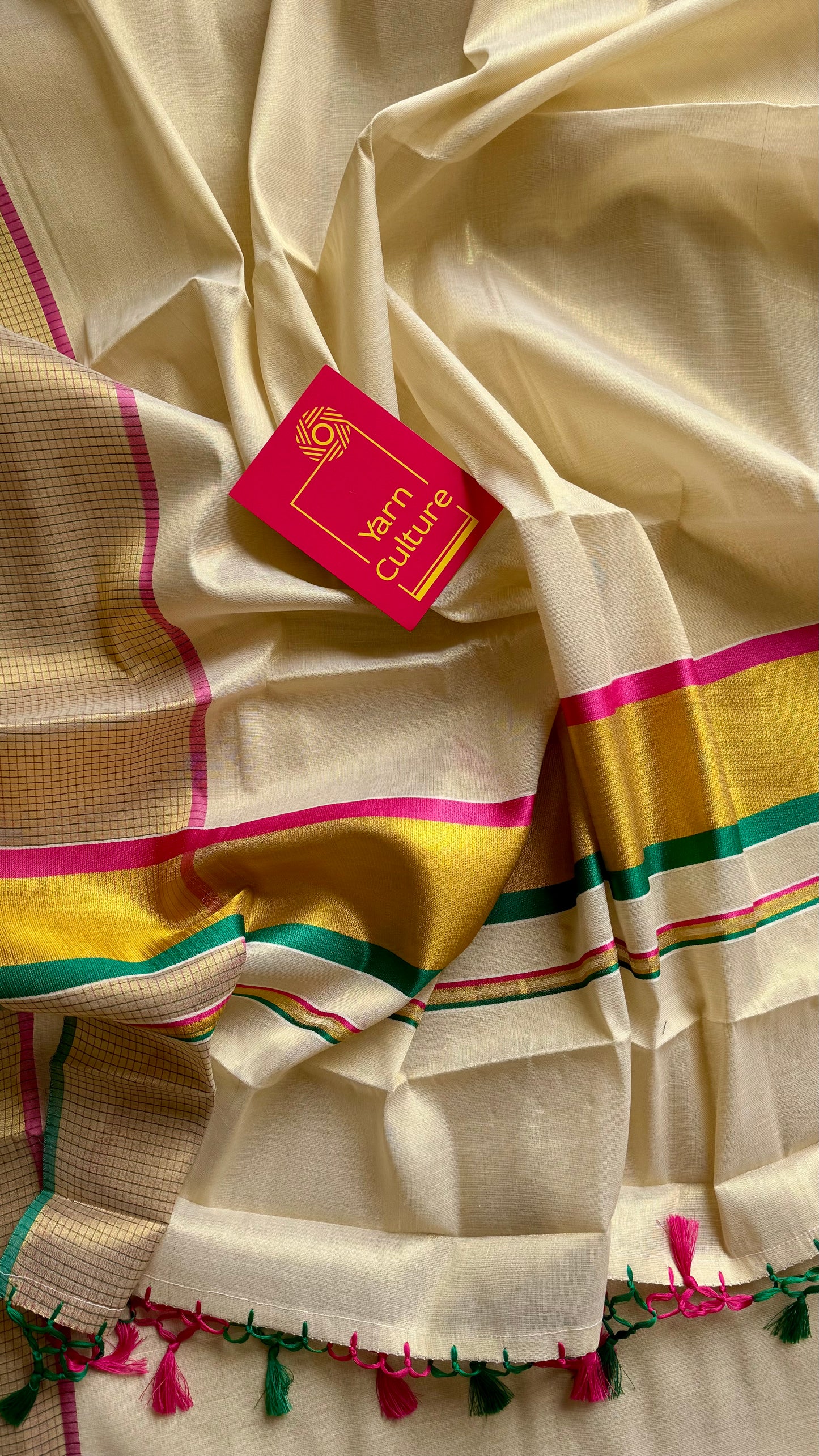 Ivory and gold soft tissue cotton saree, pink and green, checkered border - YCIEON77