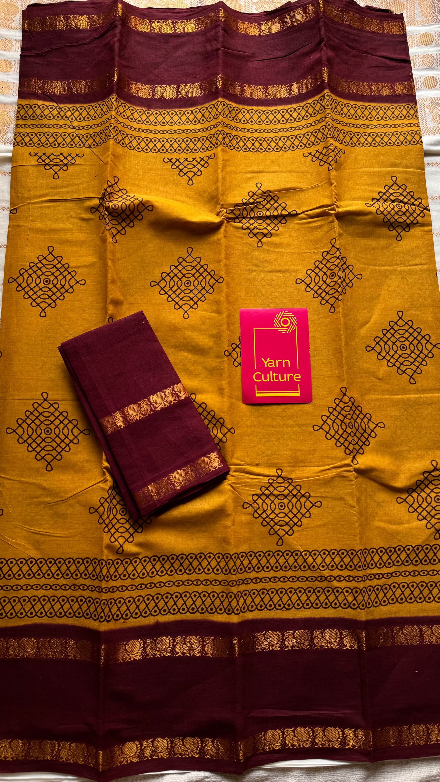 Turmeric yellow with maroon, kolam print, rettaipettu peacock double border, madurai soft cotton - YCCOTNMSAP202