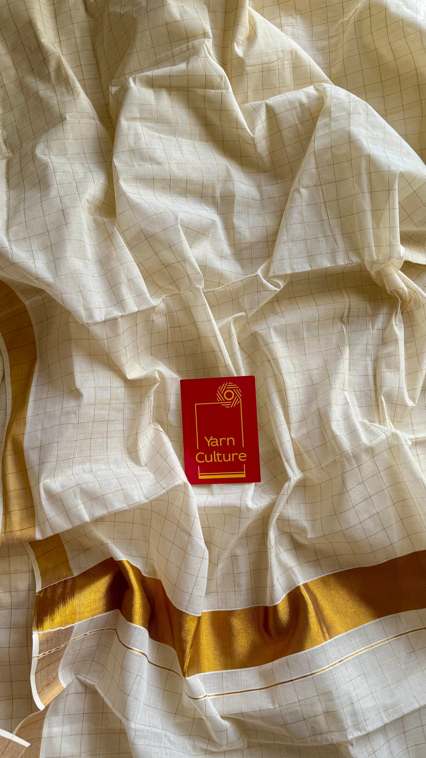 Ivory and gold soft cotton kasavu saree, checks - YCIEON79