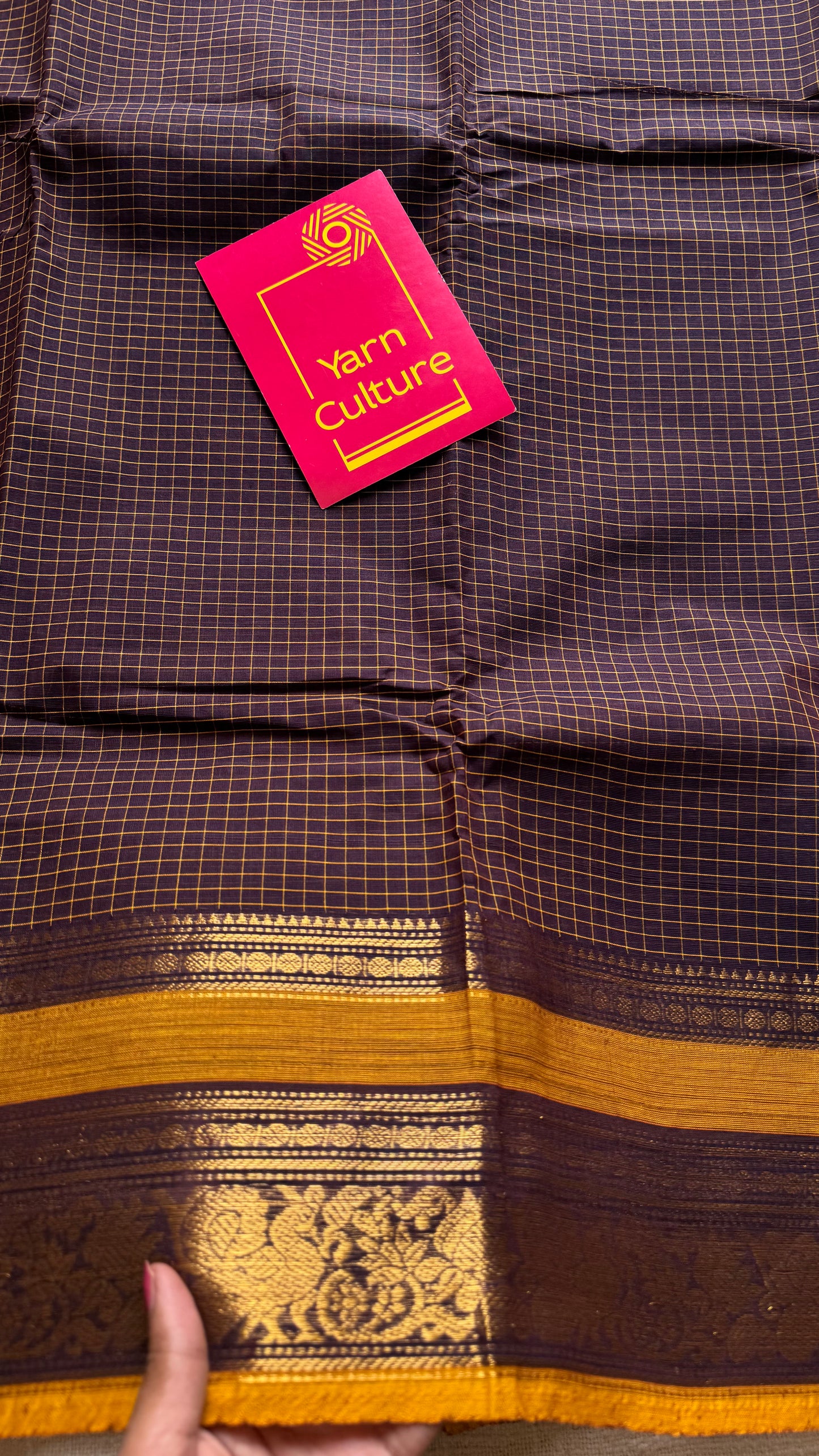 Kanchi cotton saree, dark brown checks with korvai border - YCCOTNAP73