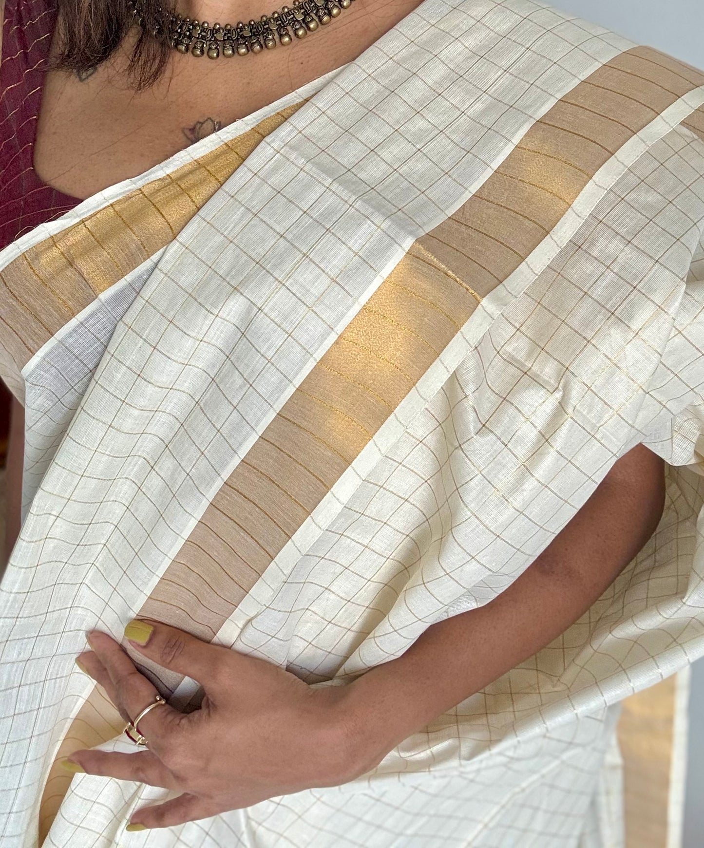 Ivory Kerala cotton saree with gold checks - YCIEKCFE318