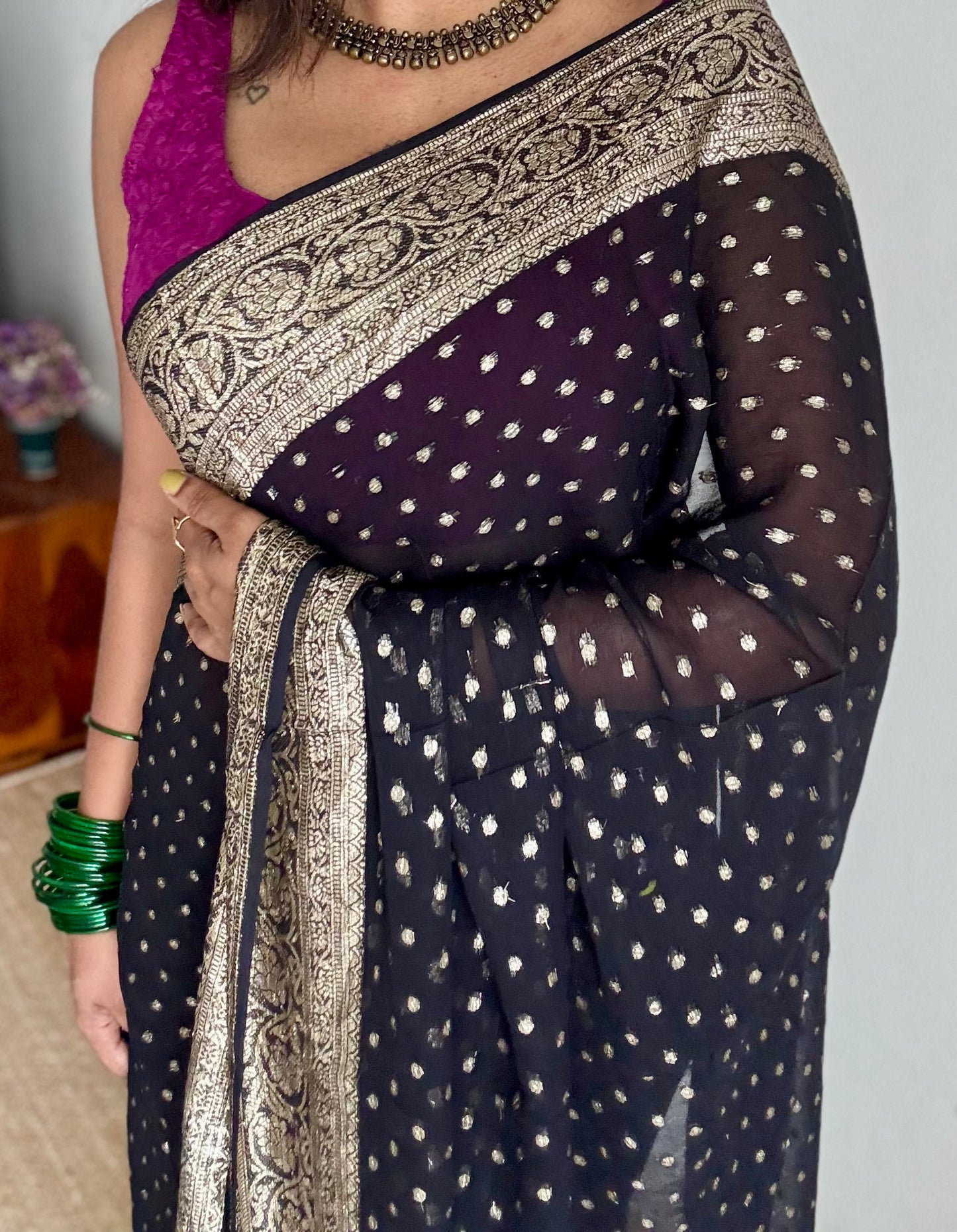 Black viscose georgette saree with zari motifs - YCDOSFE206