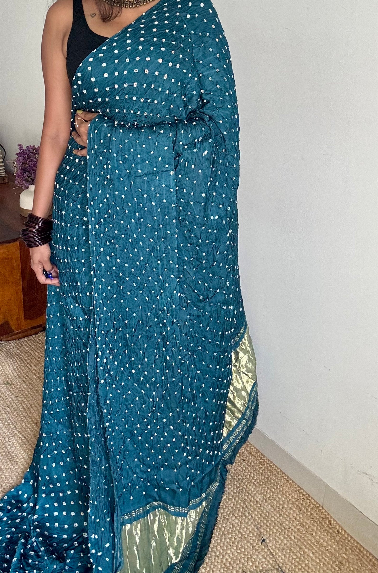 Teal/peacock blue, crushed bandhej pure modal silk saree with lagdi patta zari pallu - YCTOKBM330
