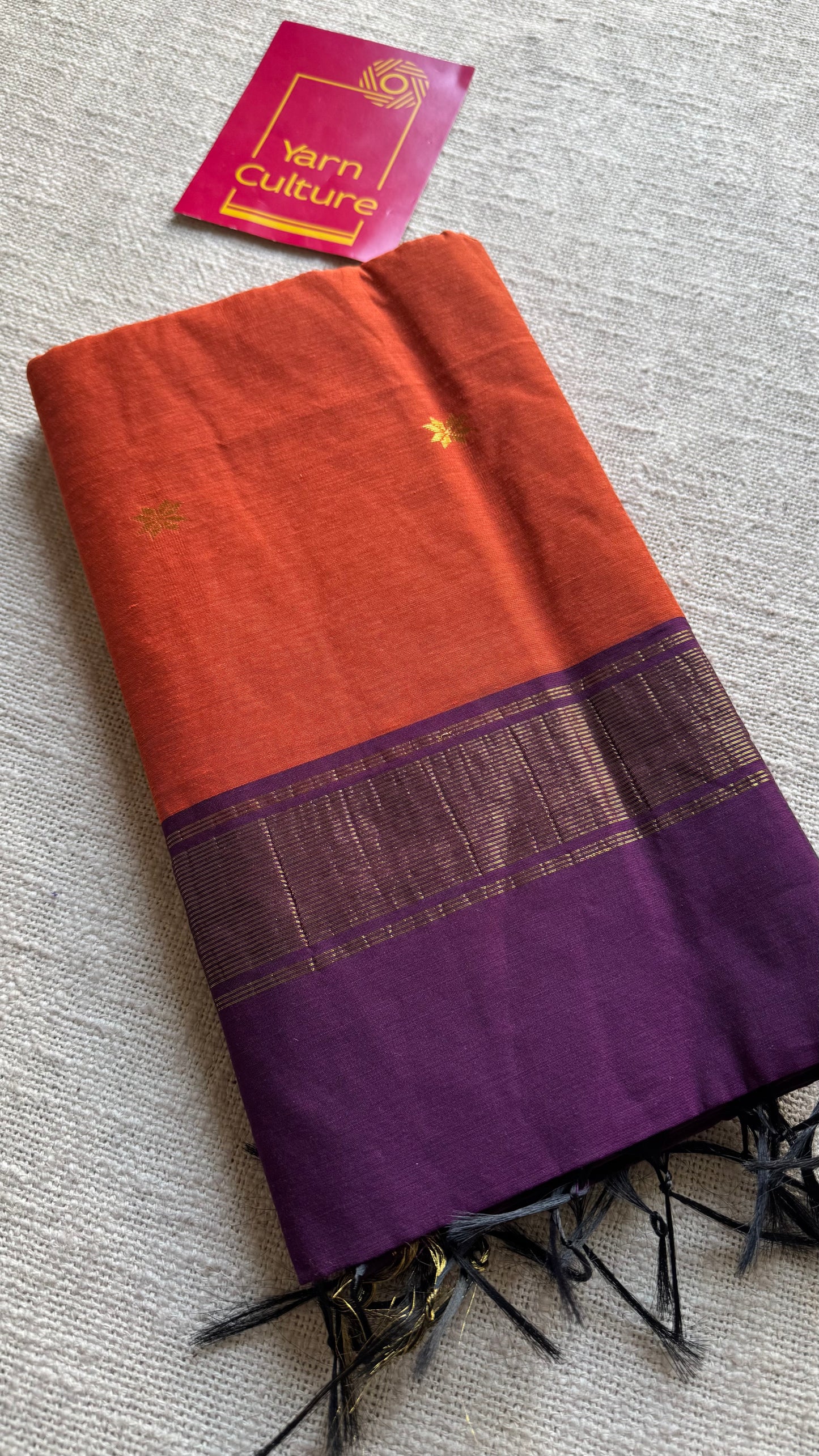 Dark orange with purple wine, gold buttas, semi maheshwari cotton silk - YCCOTNCSDE91