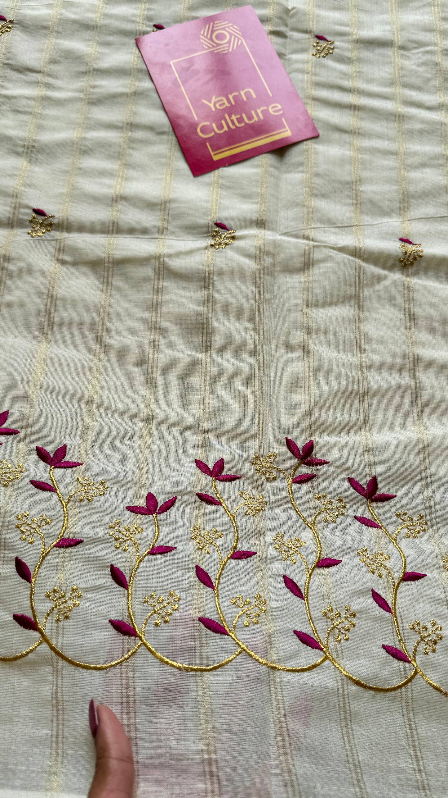 Ivory and gold soft cotton saree, purple pink floral vine embroidery  - YCIEON56