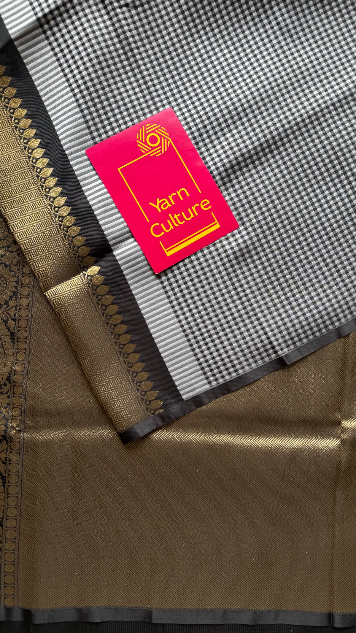 Black and white mini checks, Banarasi semi-katan silk saree with antique gold zari pallu - YCBLTOC93