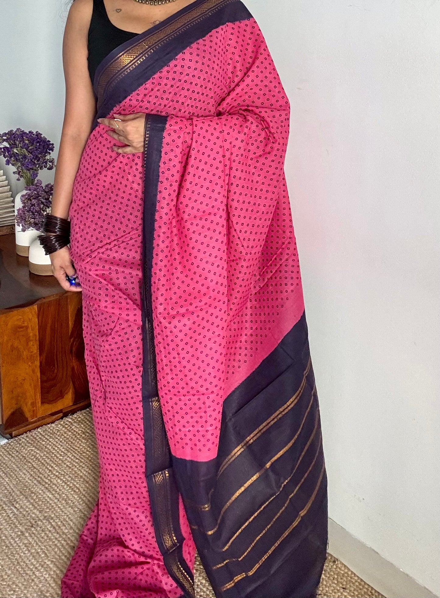 Rosy pink with navy blue contrast, kattuchayam dyed madurai cotton saree - YCCOTNMA248