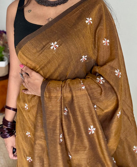 Mustard brown parijat soft cotton saree  - YCBCKCAP39