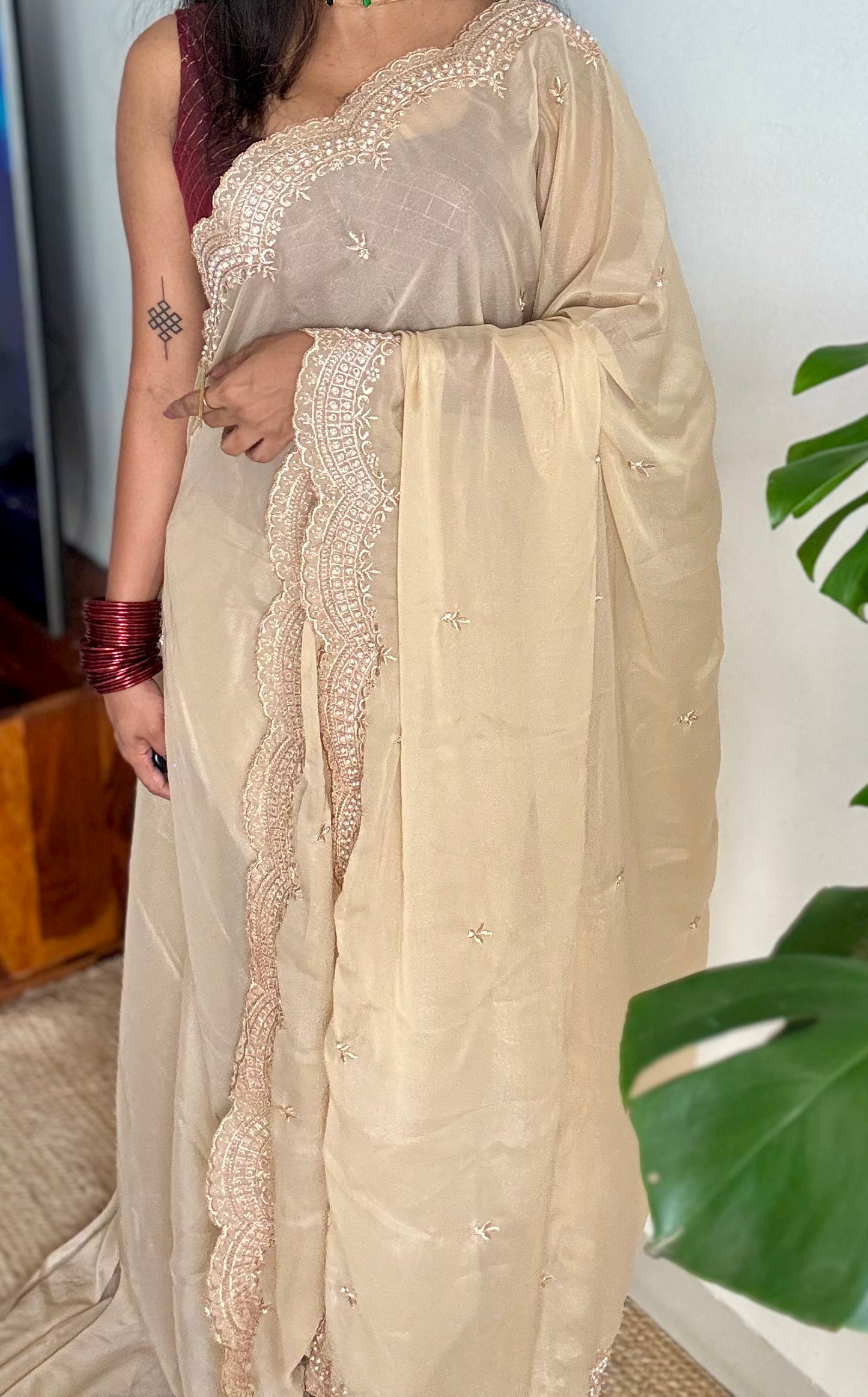 Gold soft chiffon saree, with pearl embellished border - YCIEON85