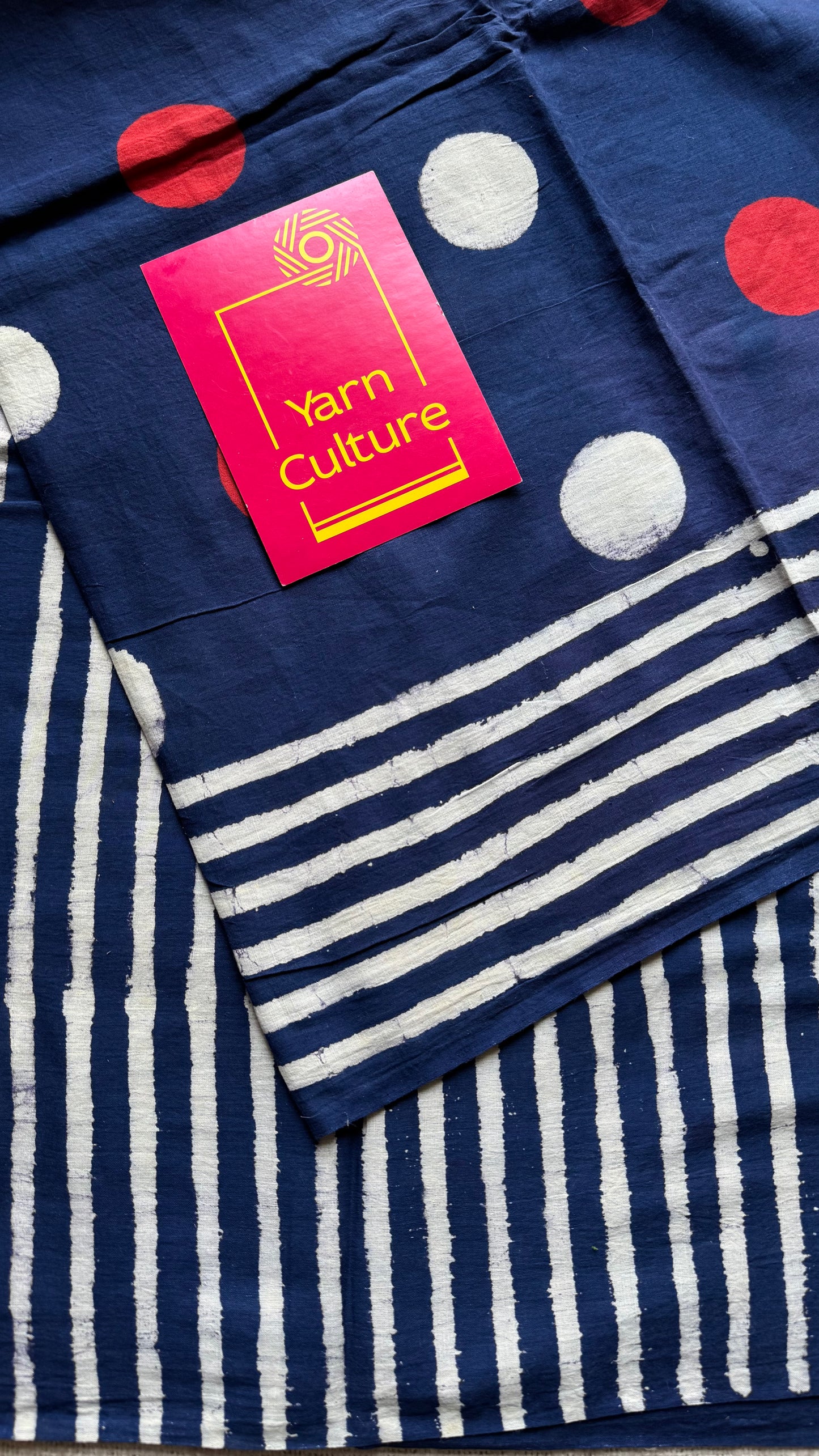 Indigo with red and white cirlce motifs, block printed soft cotton saree - YCTORCMA11