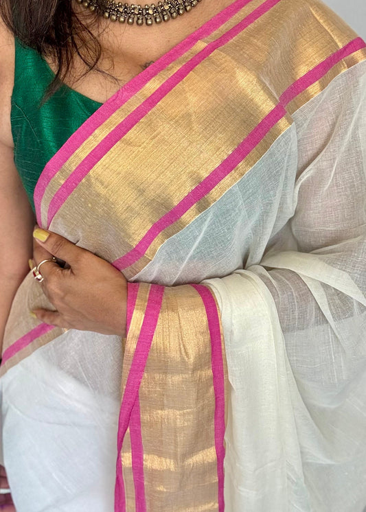 Ivory mul saree with gold zari border with hot pink highlights - YCIEBCFE326