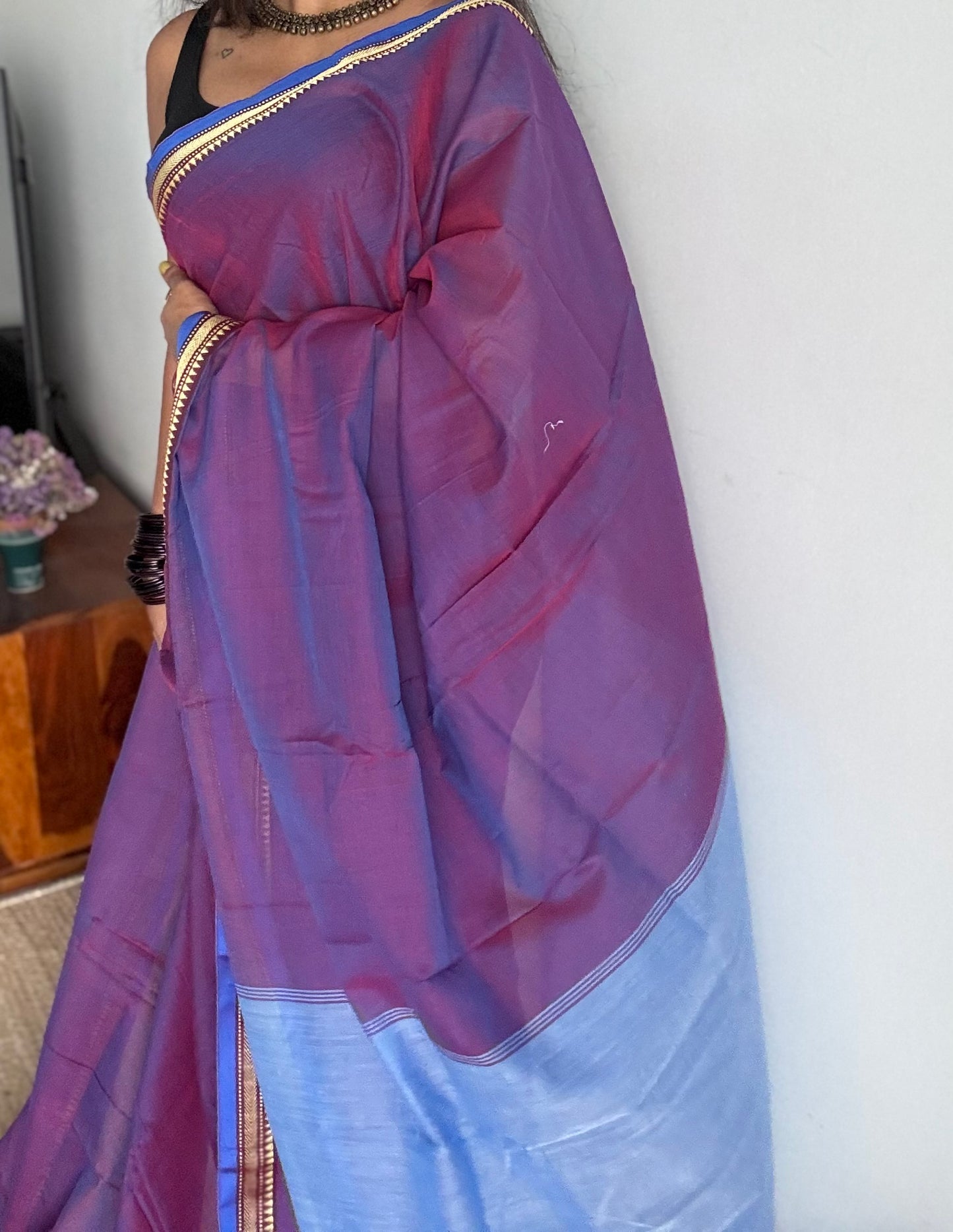 Purple pink with blue border narayanpet saree, soft cotton - YCWOTDNPFE28