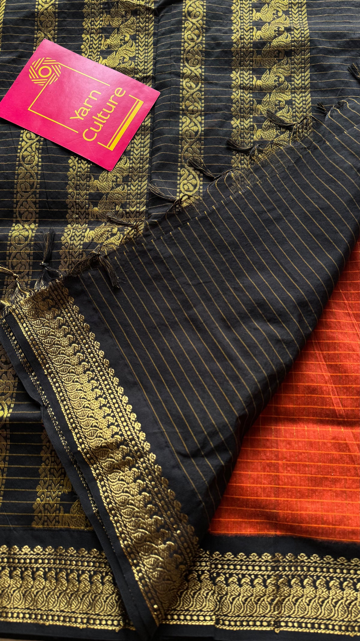 Orange with black, zari checkered saree, cotton silk - YCCOTNKCOC101