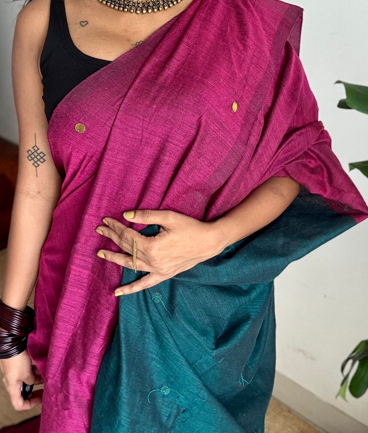 Ruby with peacock green contrast pallu, gini sequins, soft cotton saree - YCBCSCOC10
