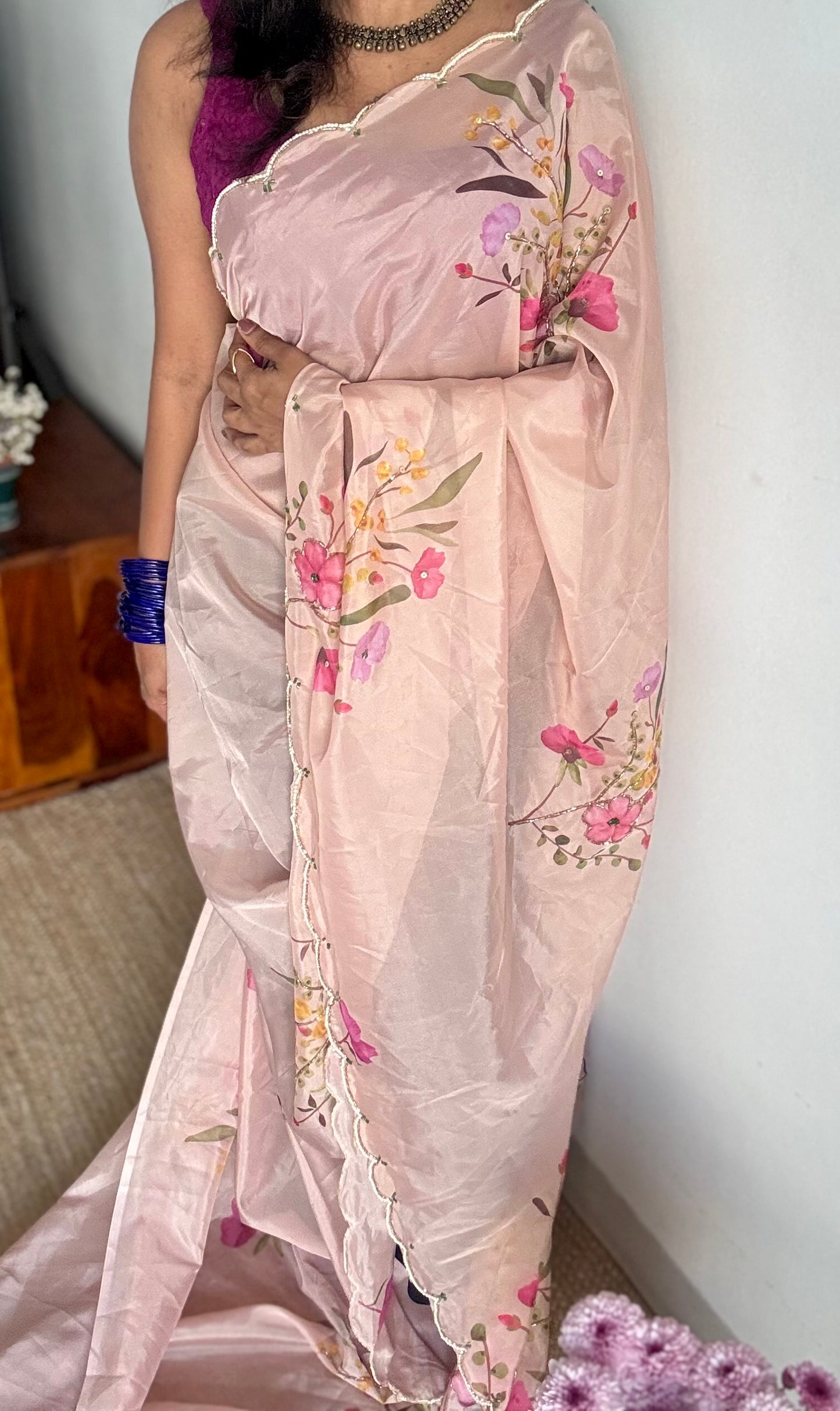 Peach Bloom - peach floral handworked sequins work, tabby silk - YCDOSNO49