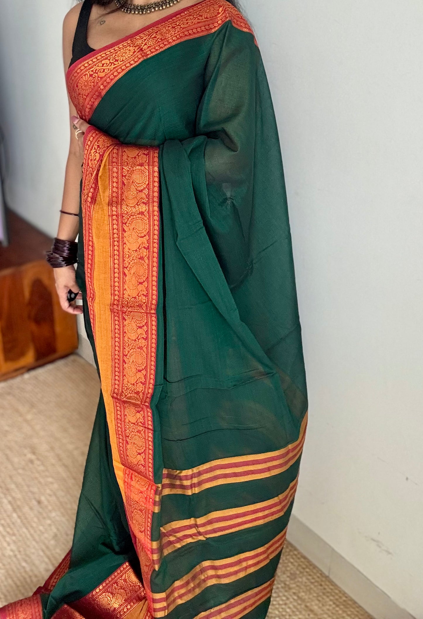 Green with red wide border, narayanpet soft cotton saree - YCWOTDAUG01