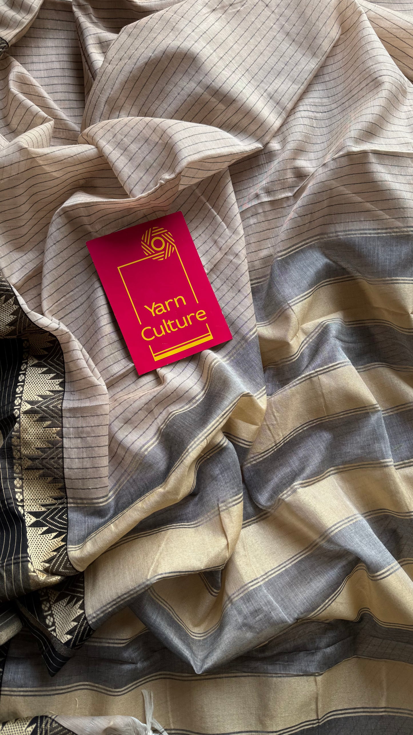 Cream striped premium narayanpet soft cotton, with temple motif and checkered border - YCWOTDNPNO83