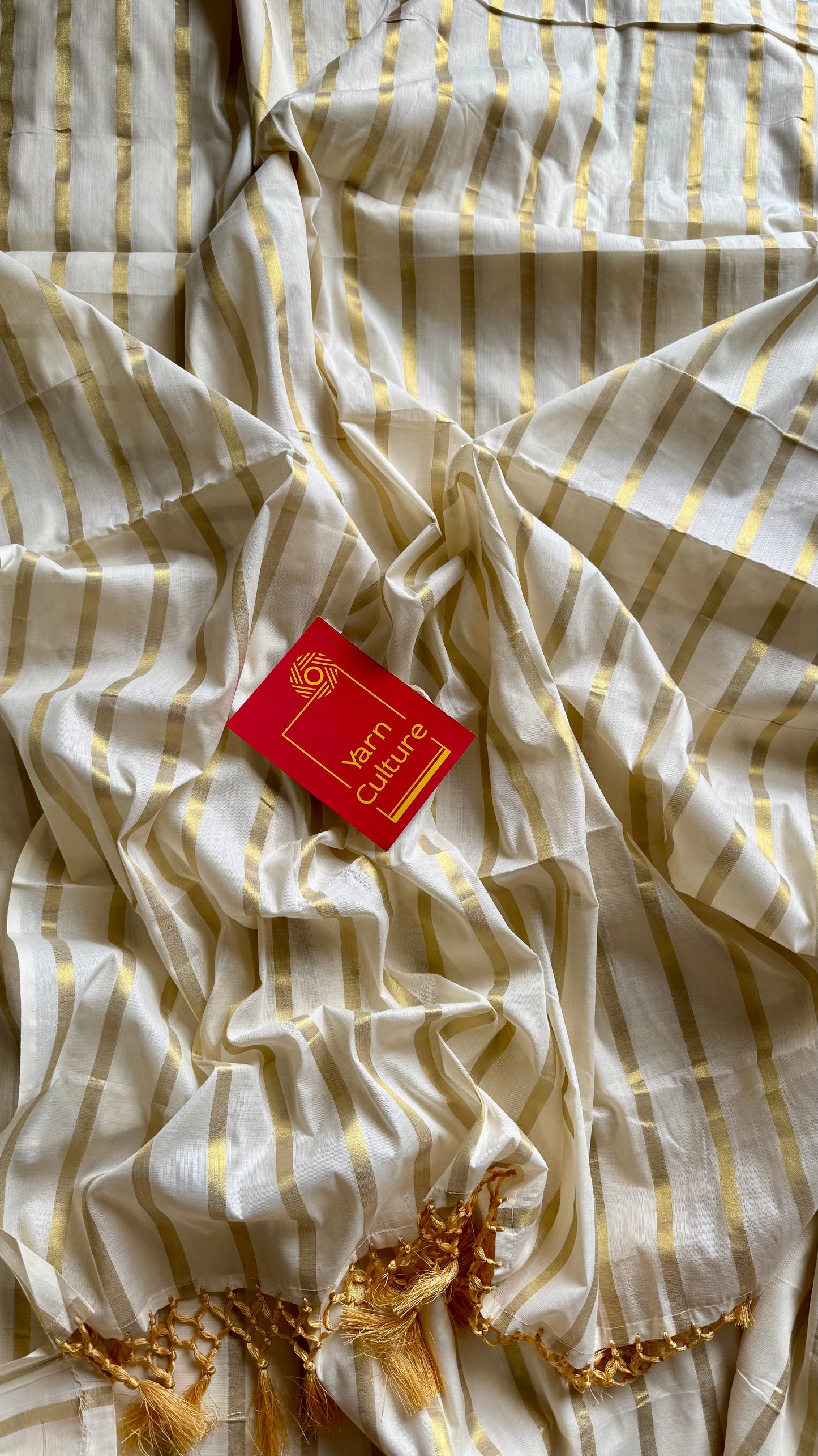 Ivory and gold soft cotton kasavu saree, broad gold stripes - YCIEON81