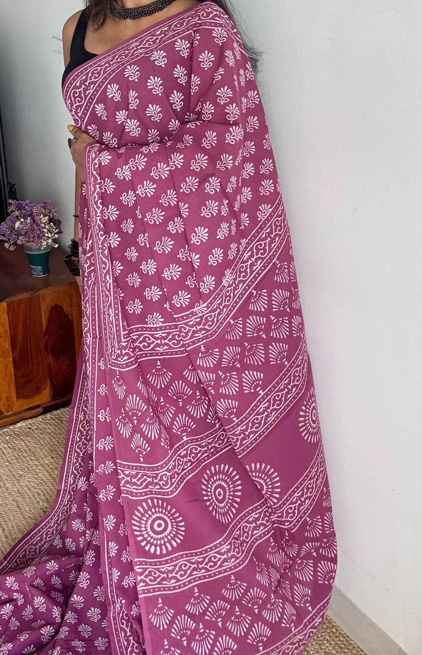 Purple pink with off white floral motifs, block printed soft cotton saree - YCTORCMA18