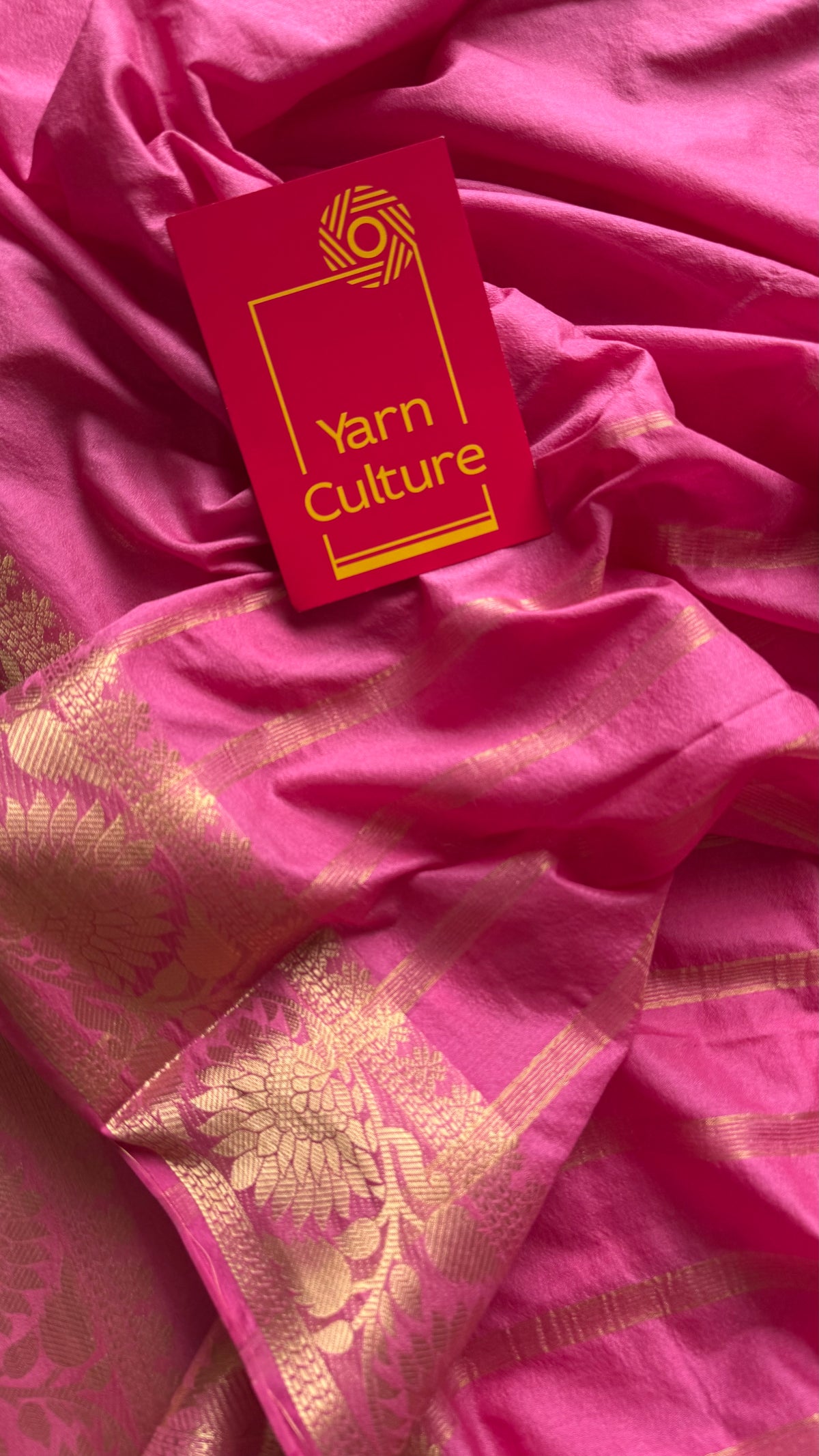 Pink, semi crepe silk saree with antique gold floral border - YCLOKOC55