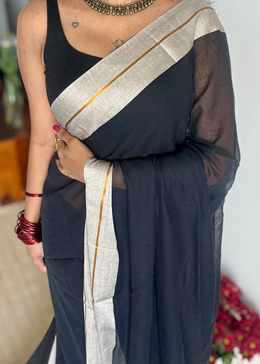 Black with grey border mul, thin antique gold zari gap border - YCBCMCLSE43