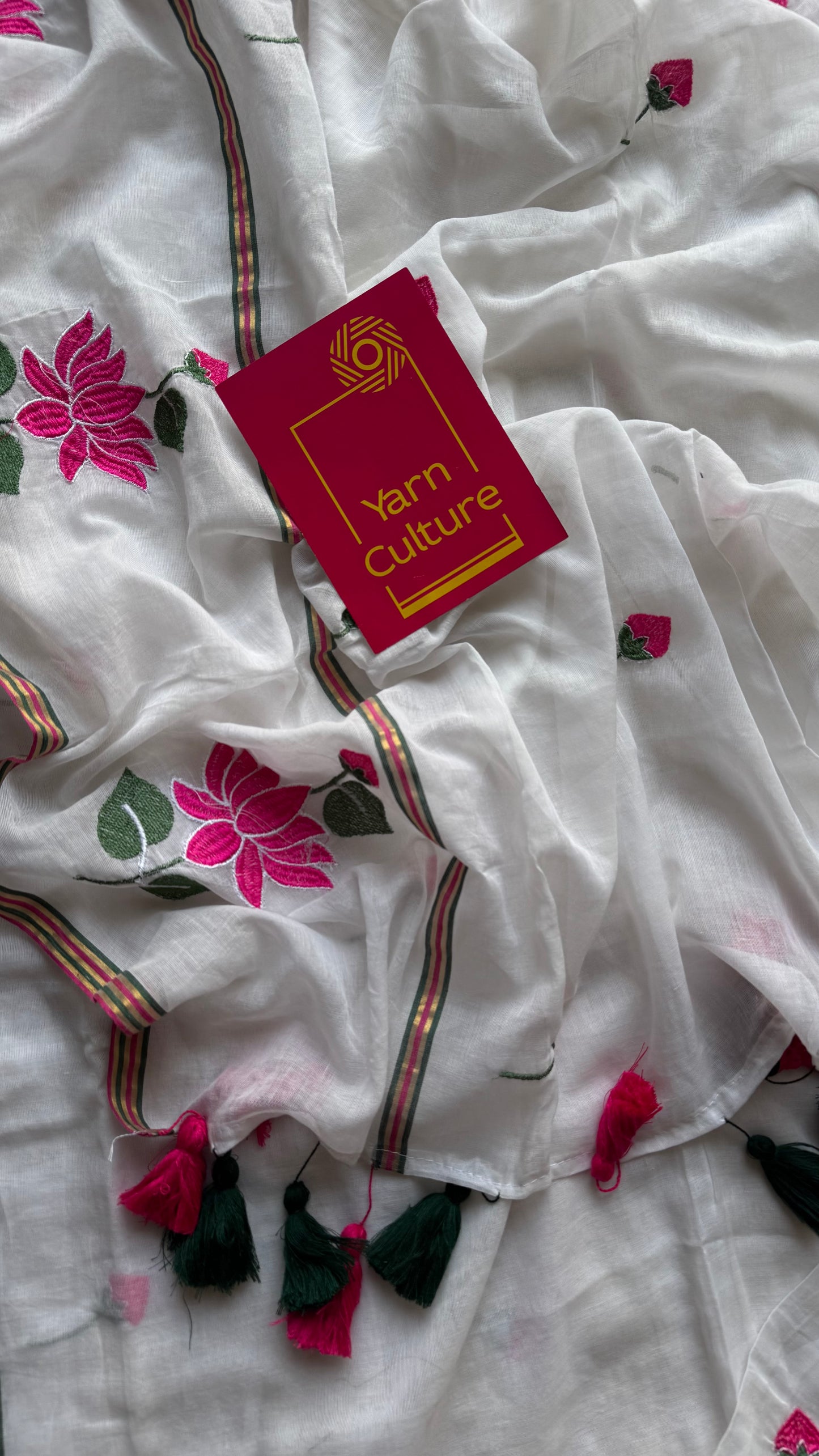 White mul with pink lotus embroidery and coloured zari - YCBCMCNO63