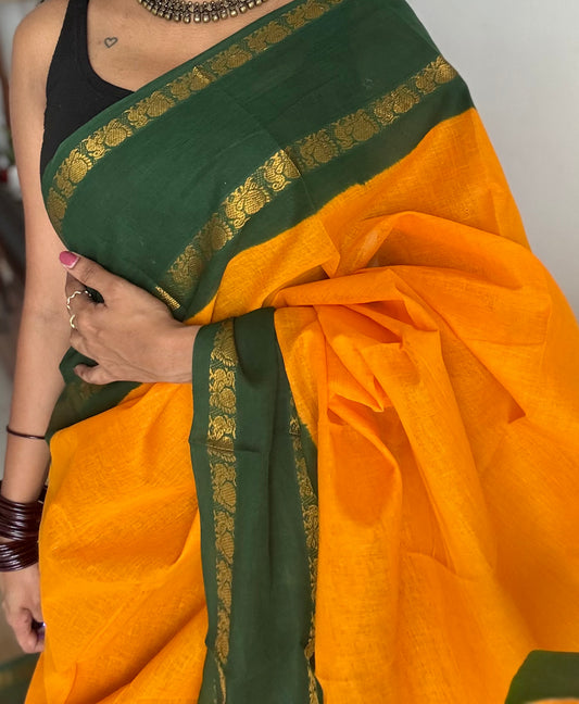 Yellow with green rettaipettu peacock double border, madurai soft cotton - YCCOTNMSAP206