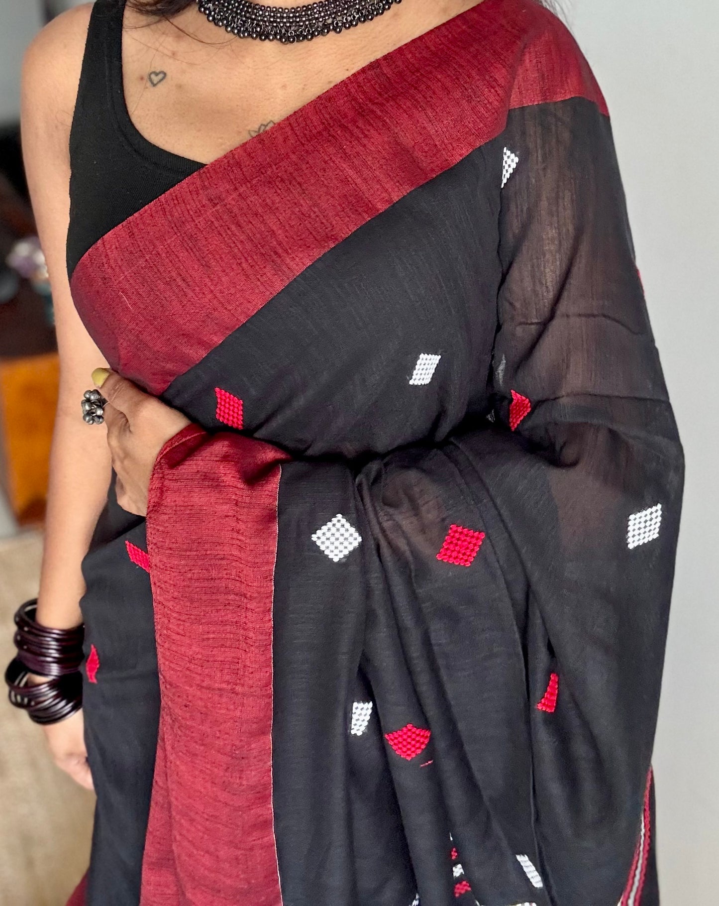Black with red, soft khadi cotton with woven motifs - YCBCKCDE25