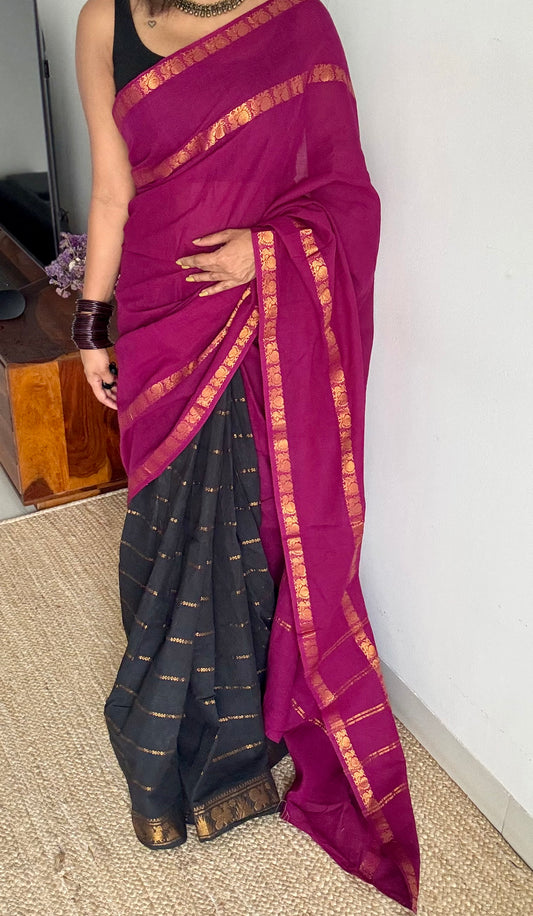 Purple pink (vadamalli) with black, sungudi cotton half-half saree - YCCOTNMSFE359