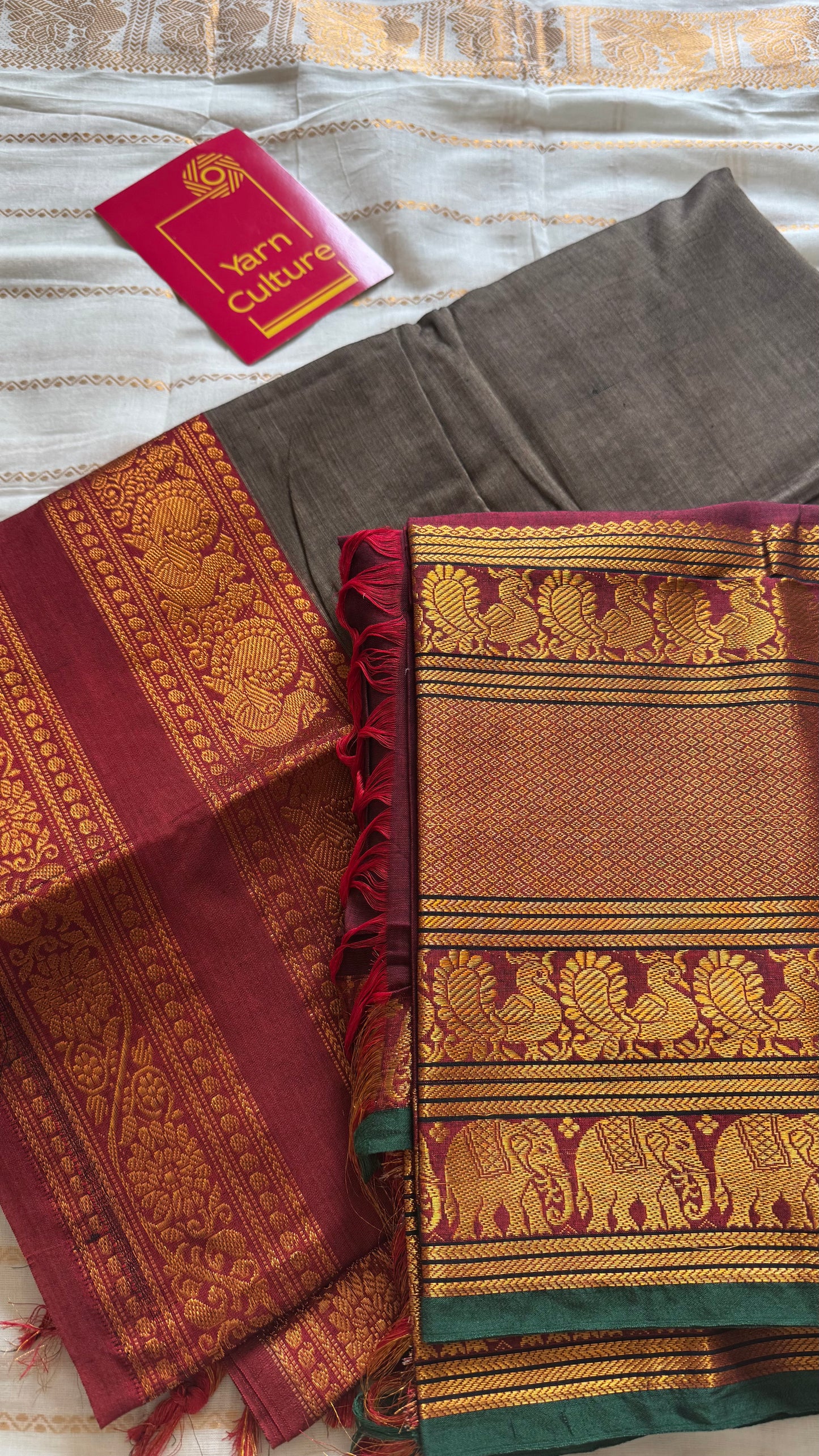 Grey - Maroon unstitched half saree material (dhavani), narayanpet cotton - YCIEHS217